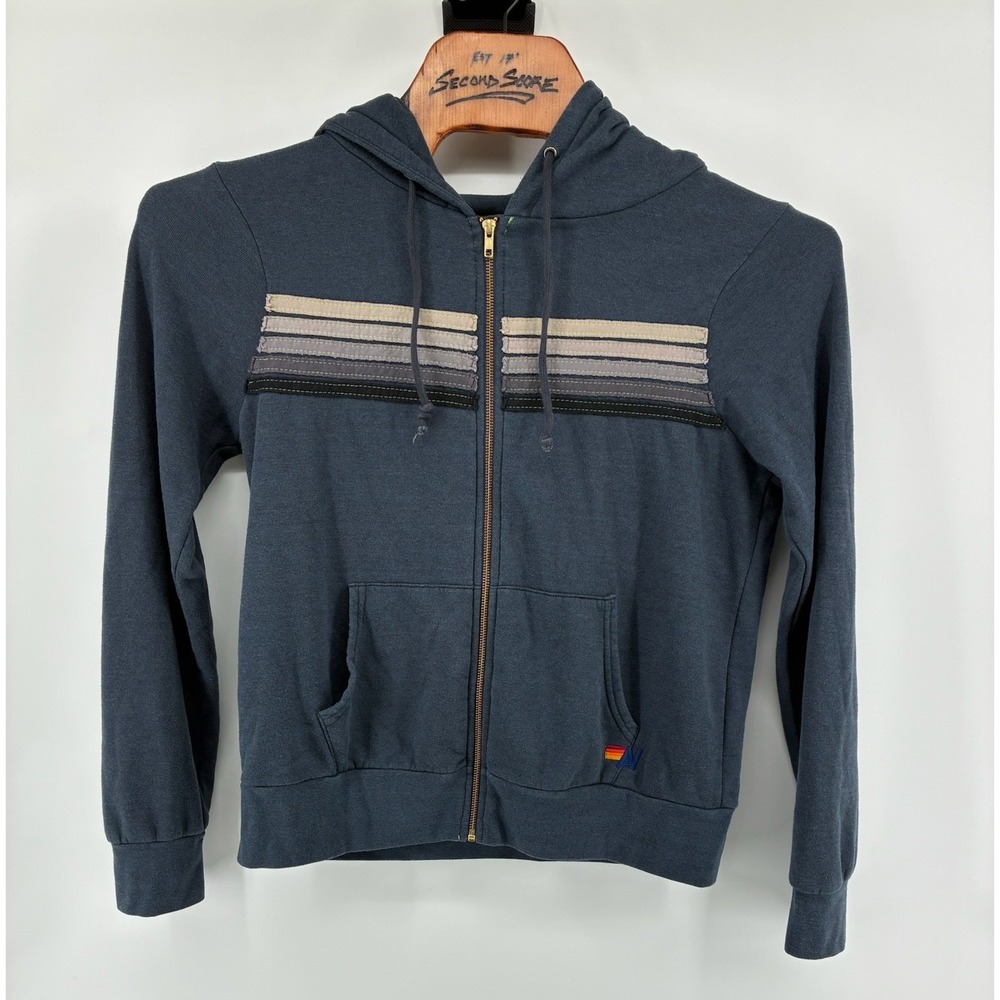 Aviator Nation 5 Stripe Zip Up Hoodie Navy Blue Charcoal Grey Large Made in USA - Picture 2 of 8